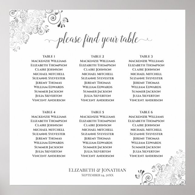 6 Table Wedding Seating Chart Silver Frills White (Front)