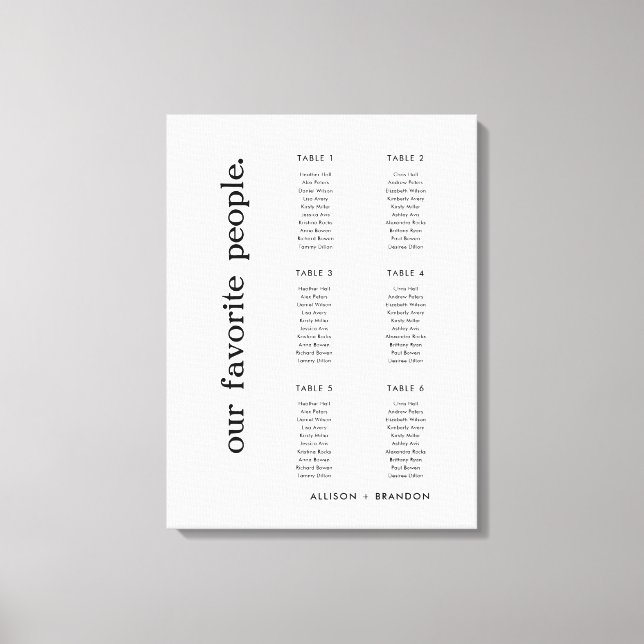 6 Tables Modern Small Wedding Seating Chart Canvas Print (Front)