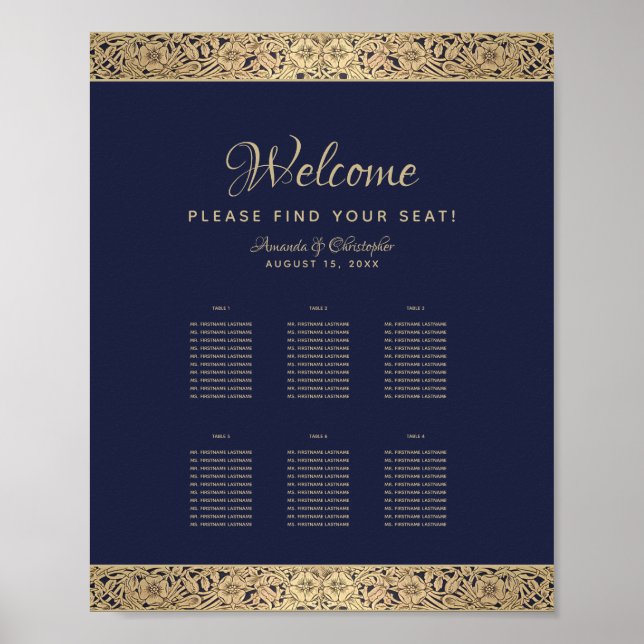 6 Tables Navy Blue Wedding Seating Chart Gold Rose (Front)