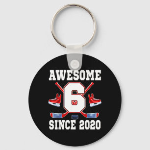 6 Years Awesome Since 2020 Hockey Theme Birthday Key Ring