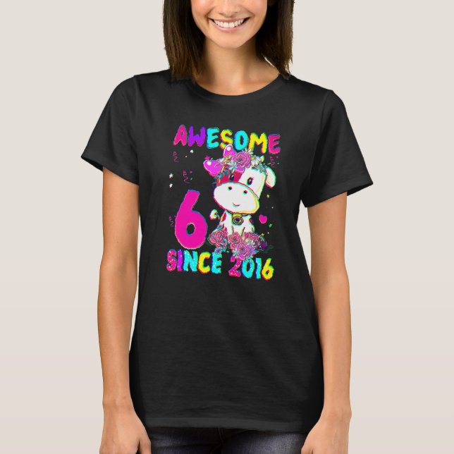 6 Years Old 6th Birthday Girls Cute Cow Awesome Si T-Shirt (Front)