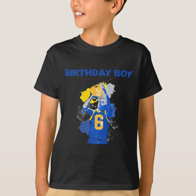 6 Years Old Birthday Boy Blue And Yellow Basketbal T-Shirt (Front)