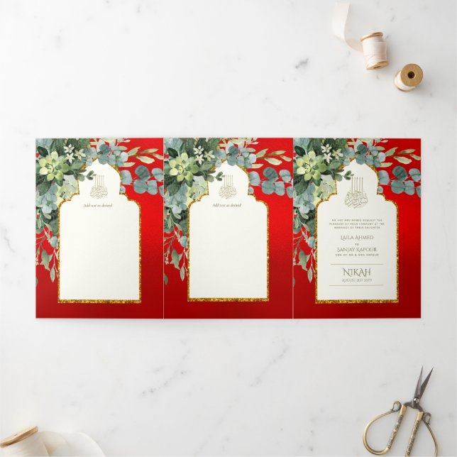 6pg NIKAH WALIMAH  Red Gold Greenery Wedding Tri-Fold Invitation (Outside)