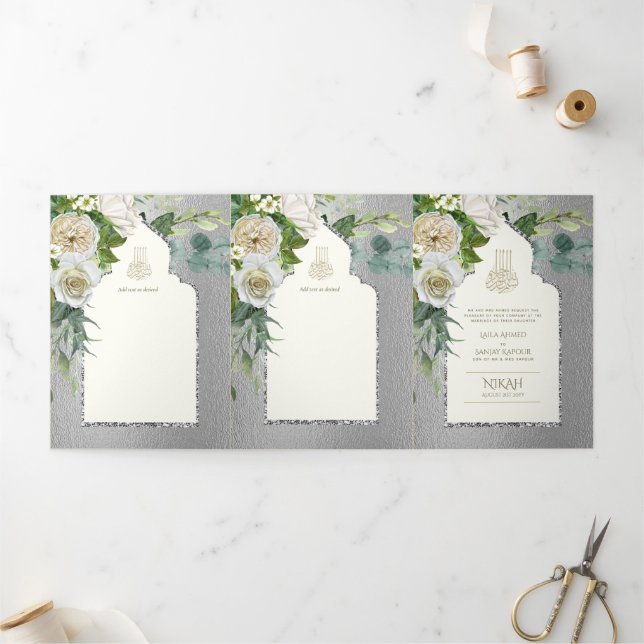 6pg NIKAH WALIMAH White Greenery Silver Wedding Tri-Fold Invitation (Outside)