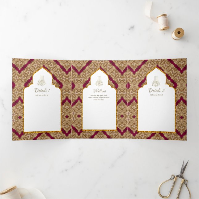 6pg NIKAH WALIMAH White Red Gold Ornate Tri-Fold Invitation (Inside)