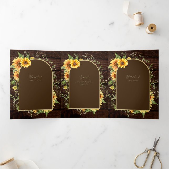 6pg Rustic Wood Sunflower Themed Wedding Program Tri-Fold Invitation (Inside)