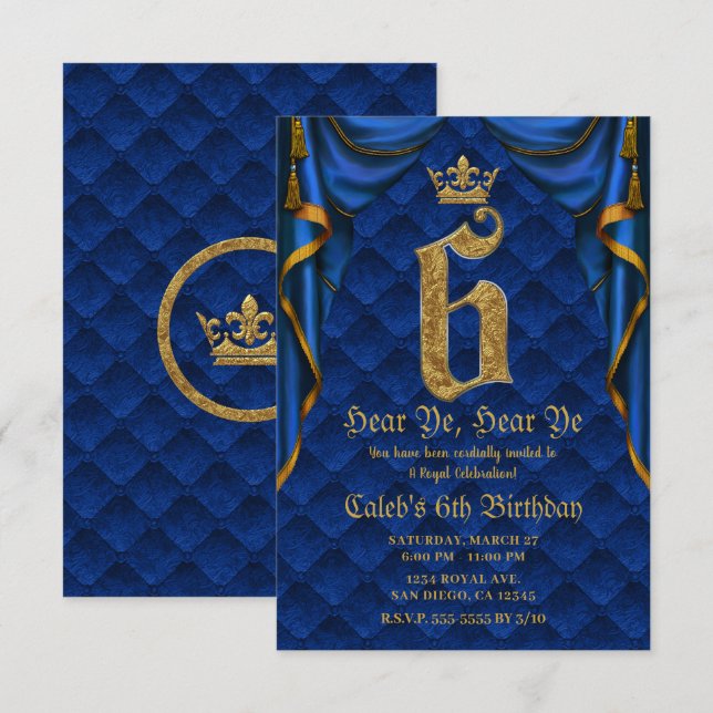 6TH 6 SIX Birthday Party Royal Blue Gold Crown   Invitation (Front/Back)