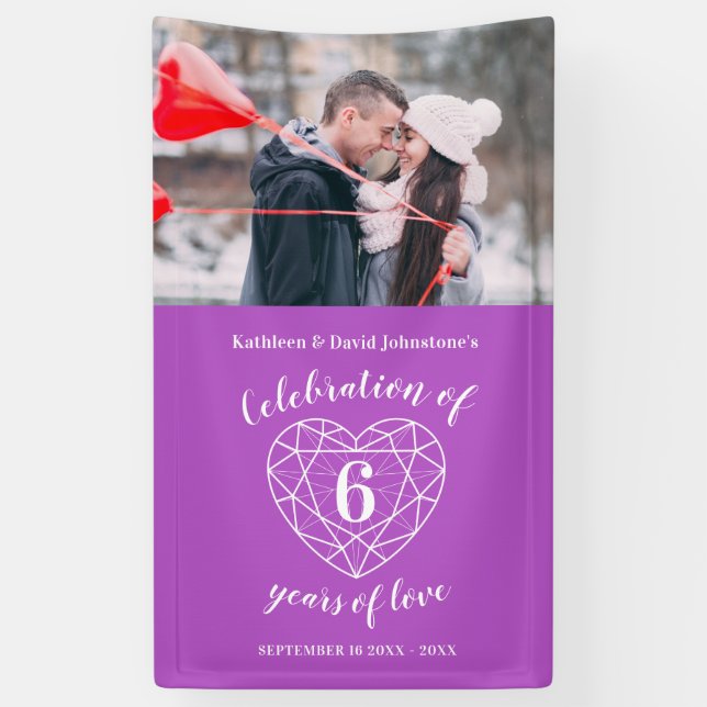 6th anniversary heart personalised photo purple banner (Vertical)