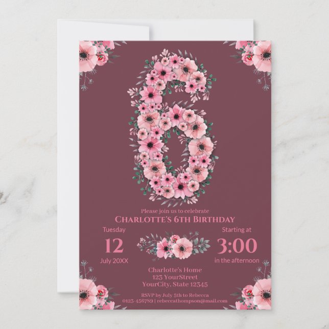 6th Big Birthday Girl Pink Flowers Green Foliage Invitation (Front)
