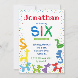 6th birthday animal balloons invitation