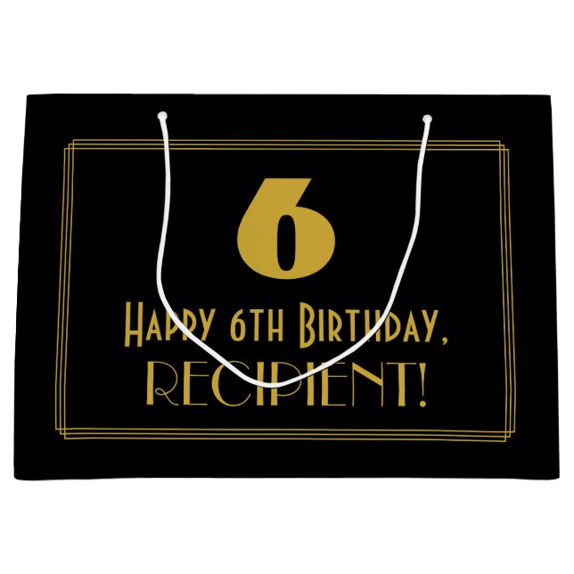 6th Birthday — Art Deco Inspired Look "6" & Name Large Gift Bag (Front)