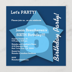 6th Birthday Baby Boy Six Year Big Blue Star K06 Invitation