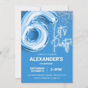 6th Birthday Balloon Boy Blue Neon  Invitation
