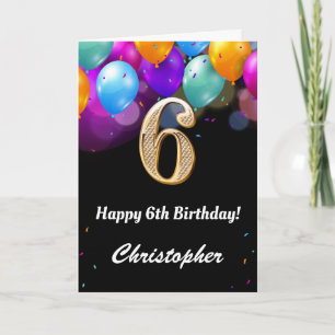 6th Birthday Black and Gold Colourful Balloons Car Card