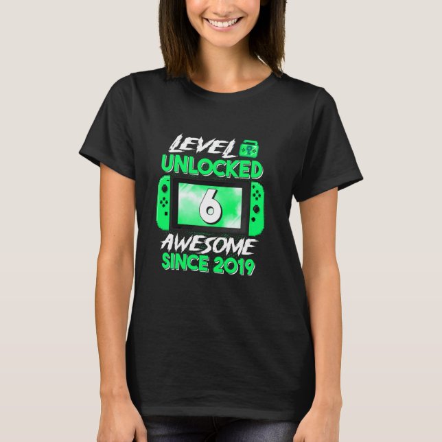 6th Birthday Boy Level 6 Unlocked Awesome 2019 Vid T-Shirt (Front)