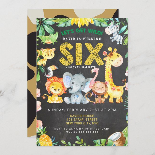 6th Birthday Boy Safari Animals Chalkboard Jungle Invitation (Front/Back)