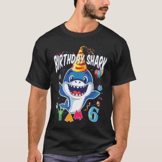 6th Birthday Boy Shark Birthday Party I Am 6 Years T-Shirt