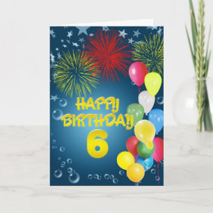 6th Birthday card with fireworks and balloons