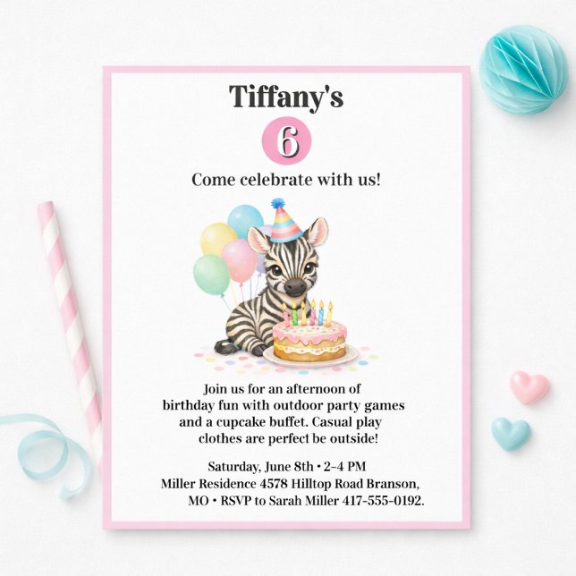 6th Birthday Celebration Zebra Party Invitation (Creator Uploaded)