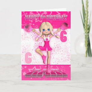6th Birthday Cheerleader Dancing, Stars In Pinks Card