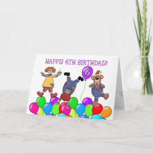 6th Birthday Clowns Balloons Card