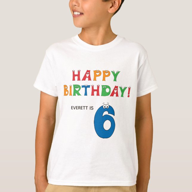 6th Birthday Colourful Alphabet with Name Kids T-Shirt (Front)