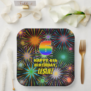 6th Birthday: Colourful, Fun Celebratory Fireworks Paper Plate