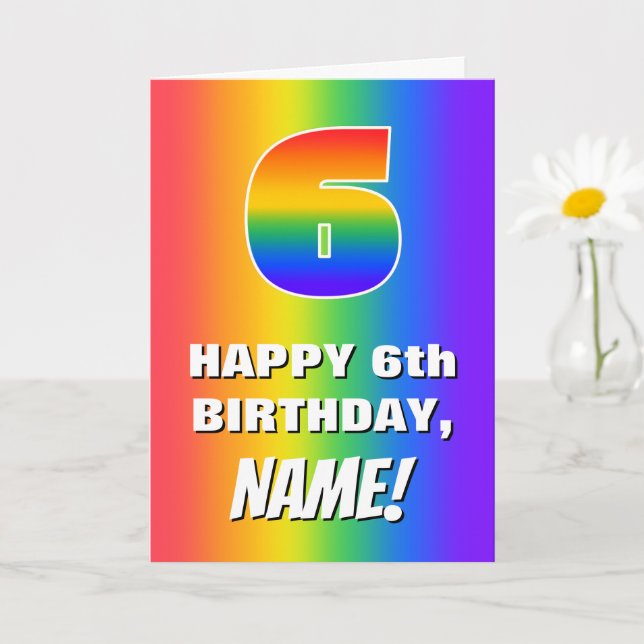 6th Birthday: Colourful, Fun Rainbow Pattern # 6 Card (Small Plant)