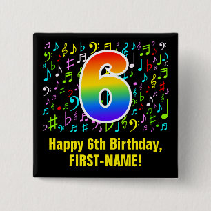6th Birthday: Colourful Music Symbols, Rainbow 6 15 Cm Square Badge