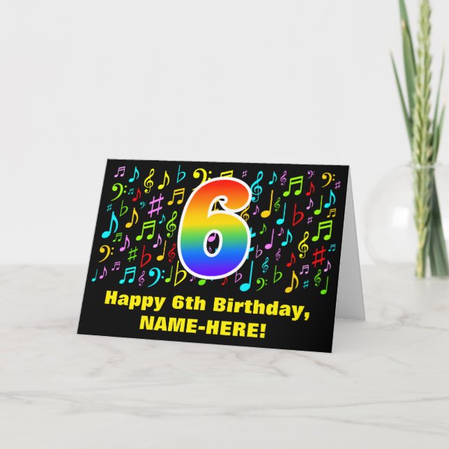 6th Birthday - Colourful Music Symbols & Rainbow 6 Card (Front)