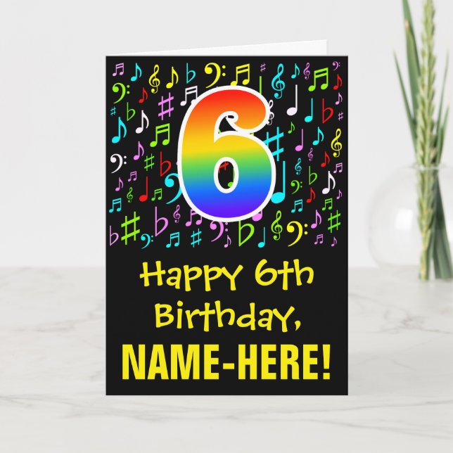 6th Birthday: Colourful Music Symbols + Rainbow 6 Card (Front)