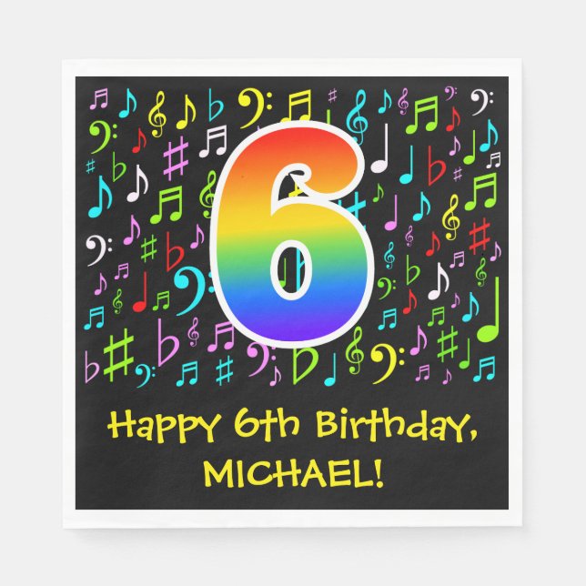 6th Birthday - Colourful Music Symbols, Rainbow 6 Napkin (Front)