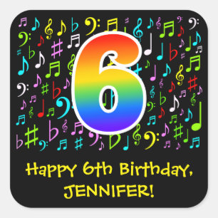 6th Birthday: Colourful Music Symbols, Rainbow 6 Square Sticker