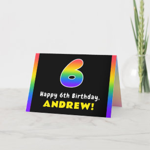 6th Birthday: Colourful Rainbow # 6, Custom Name Card