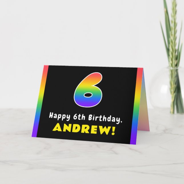 6th Birthday: Colourful Rainbow # 6, Custom Name Card (Front)