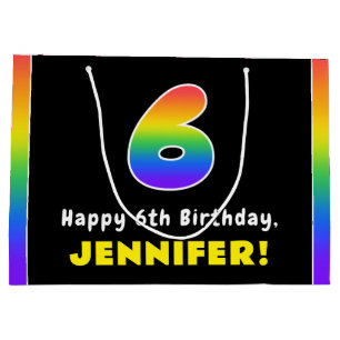 6th Birthday: Colourful Rainbow # 6, Custom Name Large Gift Bag