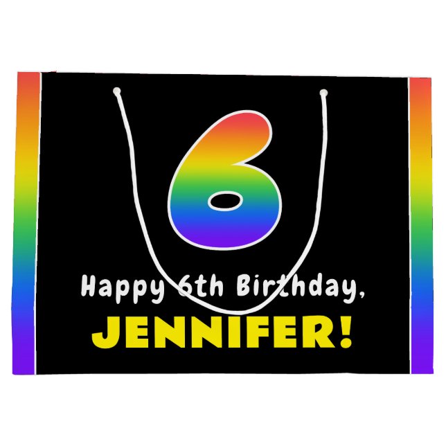 6th Birthday: Colourful Rainbow # 6, Custom Name Large Gift Bag (Back)
