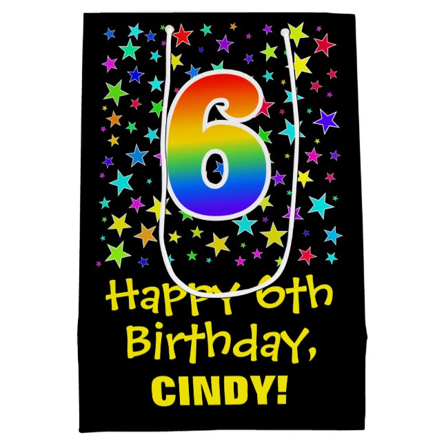 6th Birthday: Colourful Stars Pattern & Rainbow 6 Medium Gift Bag (Back)