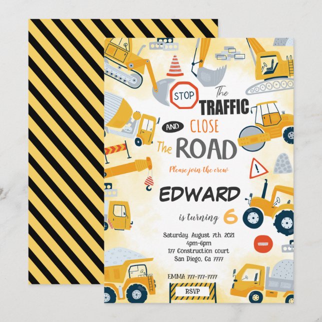 6th Birthday Construction Invitation (Front/Back)