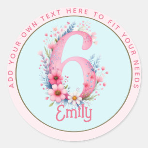 6th Birthday Fairy Floral Pink Princess Fairytale Classic Round Sticker