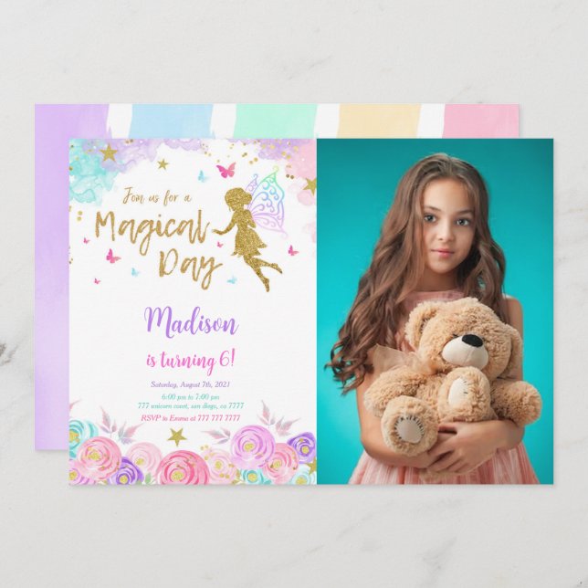 6th Birthday Fairy Party Photo Invitation (Front/Back)