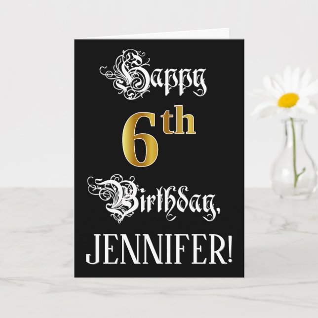 6th Birthday — Fancy Script; Faux Gold Look; Name Card (Small Plant)