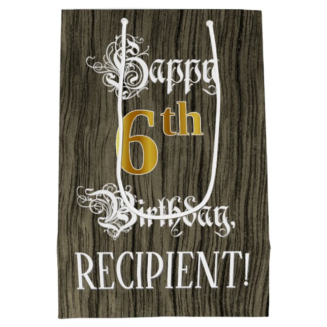 6th Birthday: Faux Gold Look & Faux Wood Pattern Medium Gift Bag (Back)