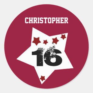6th Birthday Festive Stars RED and BLACK A02 Classic Round Sticker