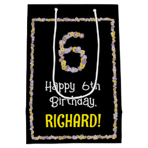 6th Birthday: Floral Flowers Number, Custom Name Medium Gift Bag