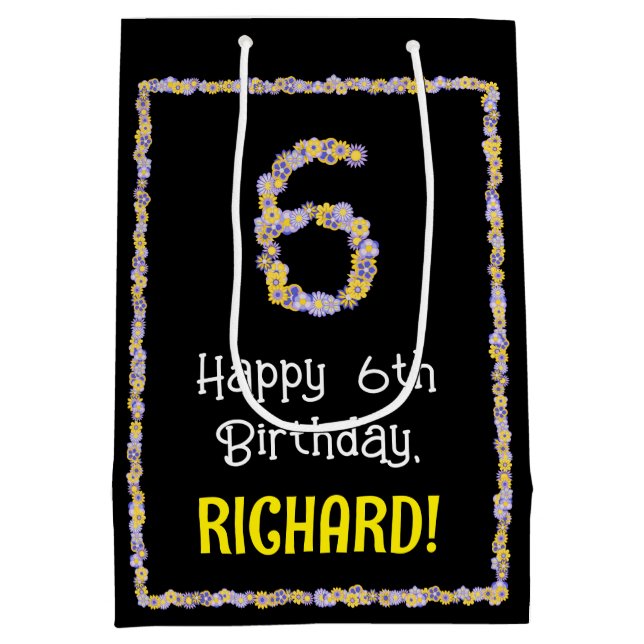 6th Birthday: Floral Flowers Number, Custom Name Medium Gift Bag (Back)