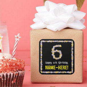 6th Birthday: Floral Flowers Number, Custom Name Square Sticker