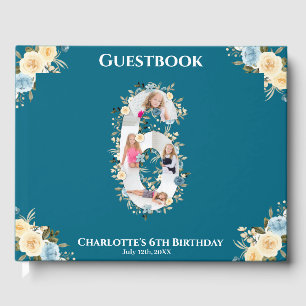 6th Birthday Flower Teal Photo Collage Blue Yellow Guest Book