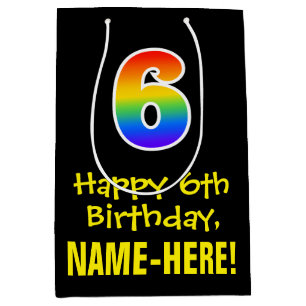 6th Birthday: Fun, Bold, Colourful, Rainbow "6" Medium Gift Bag