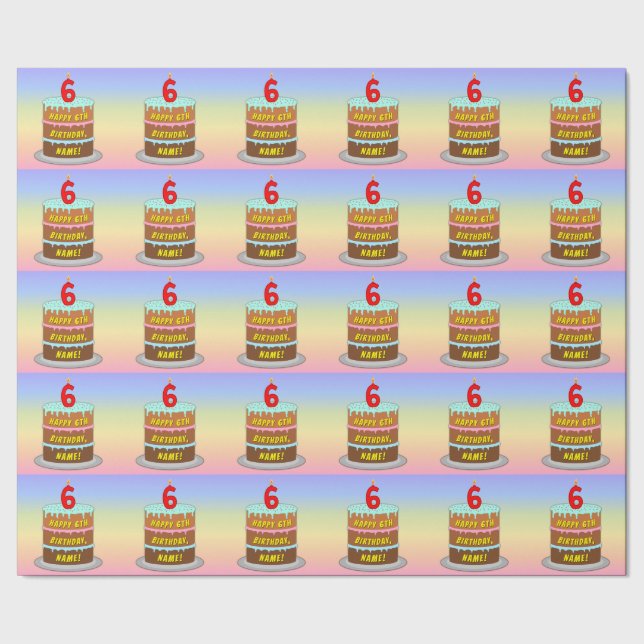 6th Birthday: Fun Cake and Candle + Custom Name Wrapping Paper (Seam)